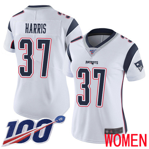 New England Patriots Football #37 100th Season Limited White Women Damien Harris Road NFL Jersey